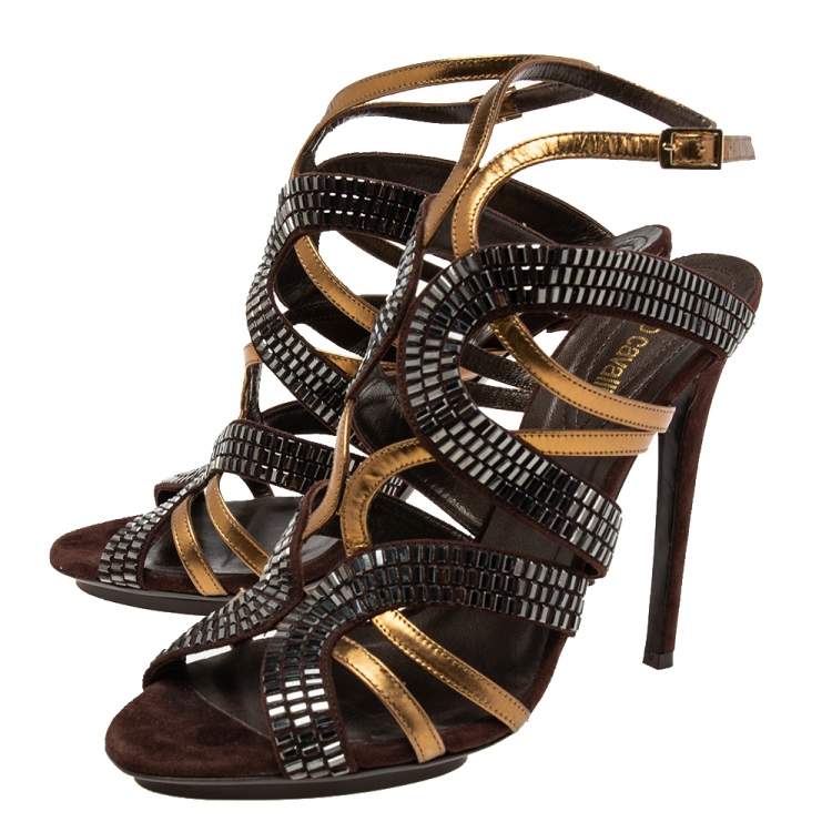 مملوكة مسبقًا Roberto Cavalli Brown/Gold  Leather And Suede Crystal Embellished Ankle Strap Sandals Size 41 
