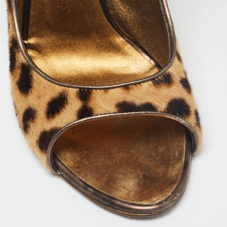Pre Owned Roberto Cavalli Black/Beige Suede And Calf Hair Leopard Print Mary Jane Open Toe Pumps Size 38