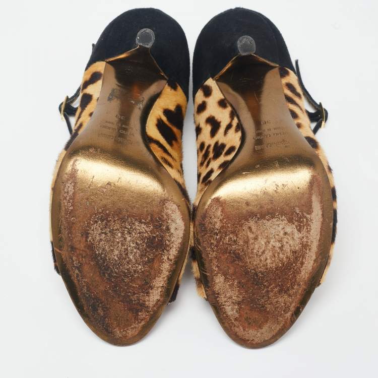 Pre Owned Roberto Cavalli Black/Beige Suede And Calf Hair Leopard Print Mary Jane Open Toe Pumps Size 38