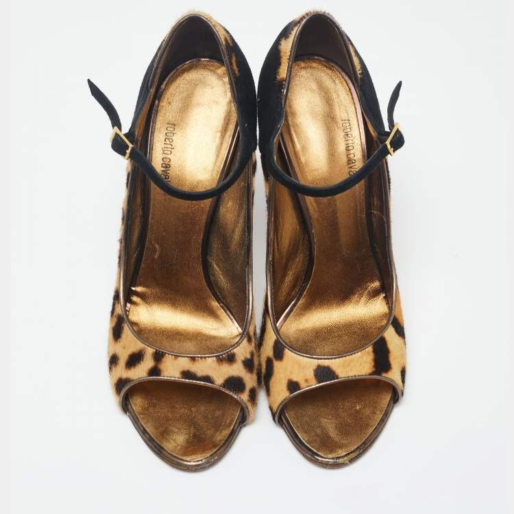 Pre Owned Roberto Cavalli Black/Beige Suede And Calf Hair Leopard Print Mary Jane Open Toe Pumps Size 38