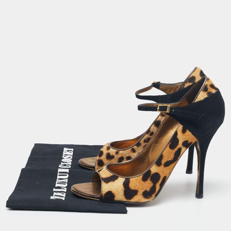 Pre Owned Roberto Cavalli Black/Beige Suede And Calf Hair Leopard Print Mary Jane Open Toe Pumps Size 38
