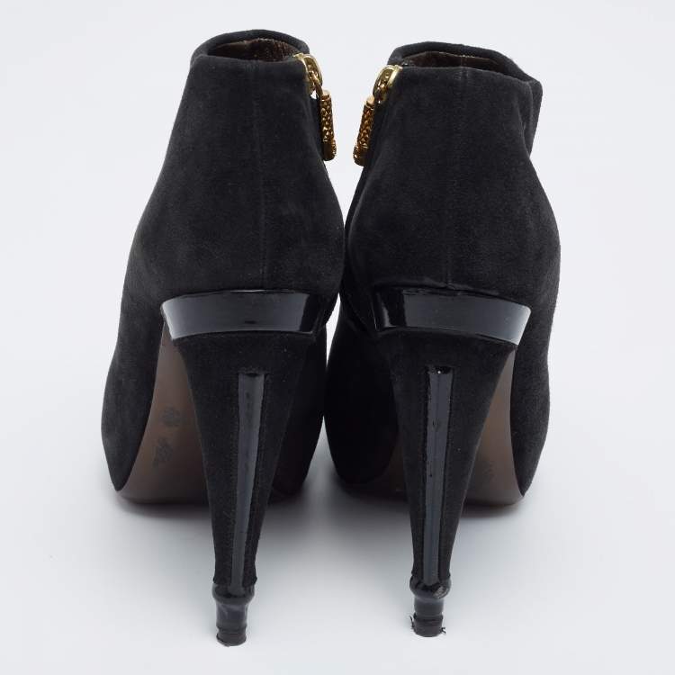 Pre Owned Roberto Cavalli Black Laminated Suede Ankle Boots Size 38
