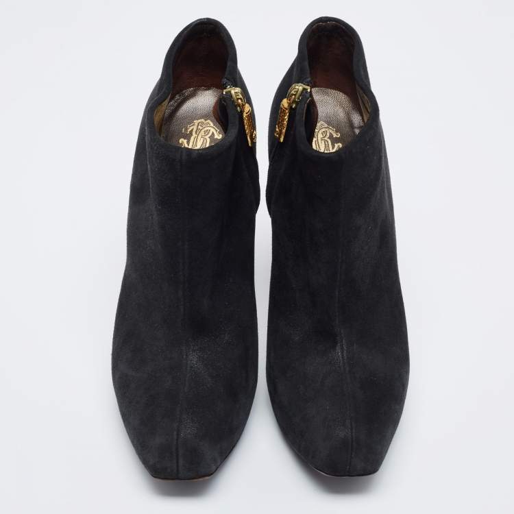 Pre Owned Roberto Cavalli Black Laminated Suede Ankle Boots Size 38