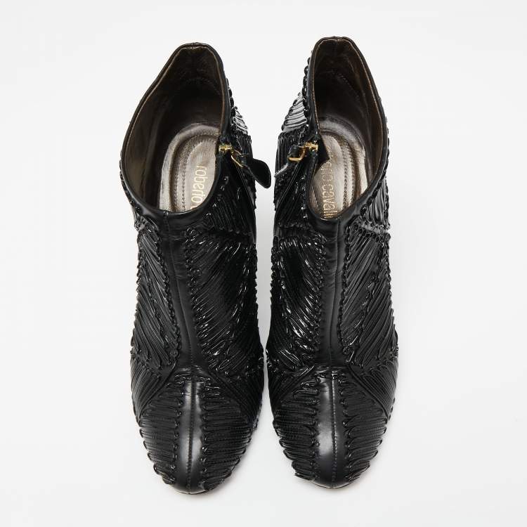 Pre Owned Roberto Cavalli Black Patent And Leather Ankle Boots Size 40