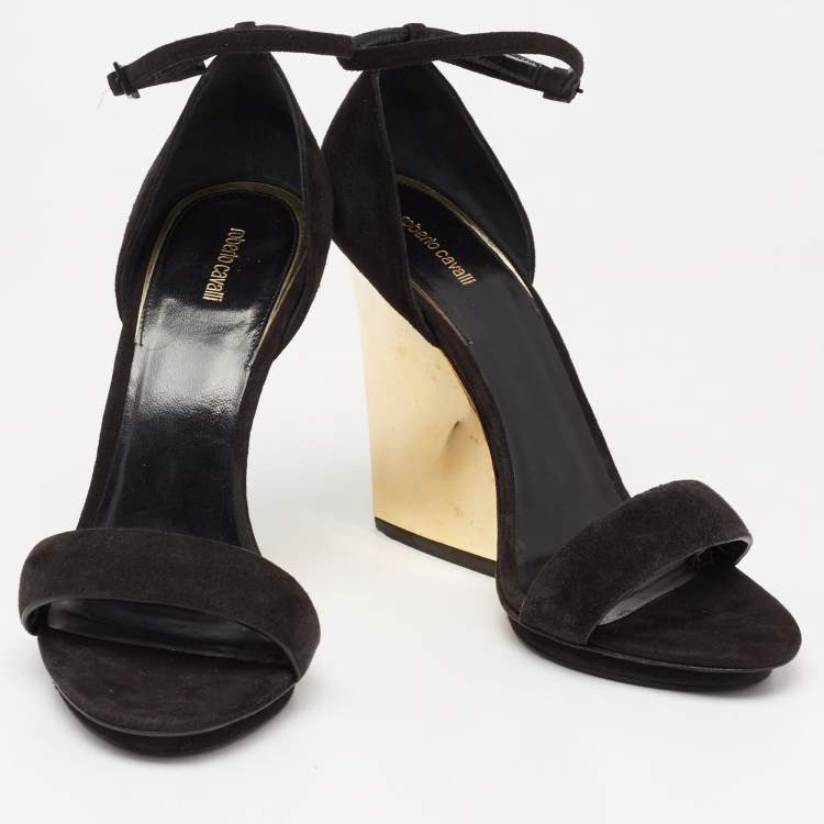 مملوكة مسبقًا Roberto Cavalli Black Suede Wedge Ankle Strap Sandals Size 38