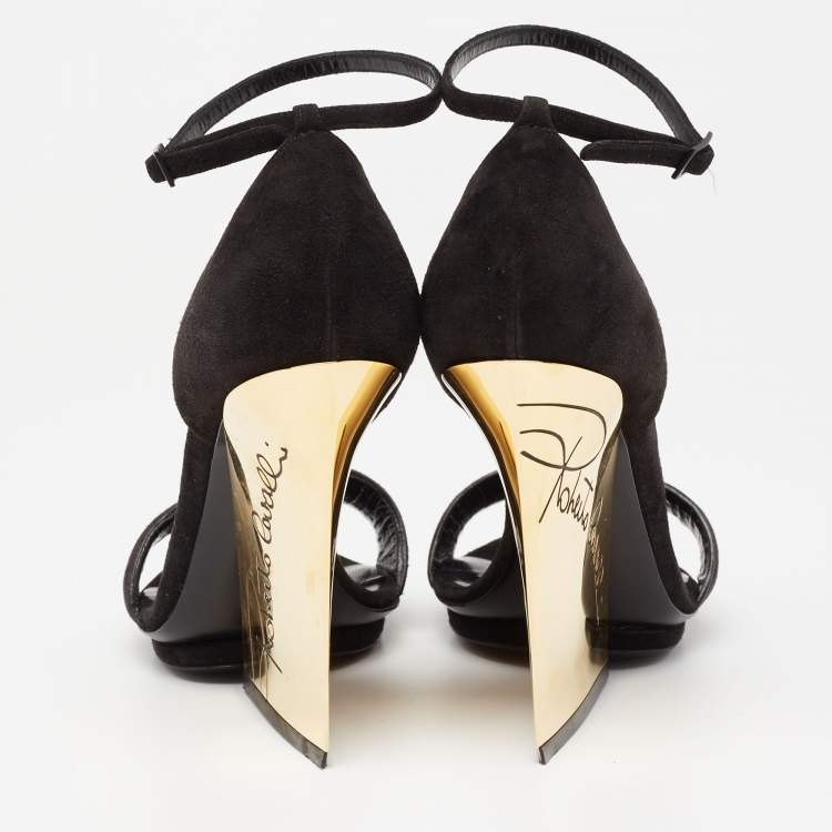 مملوكة مسبقًا Roberto Cavalli Black Suede Wedge Ankle Strap Sandals Size 38