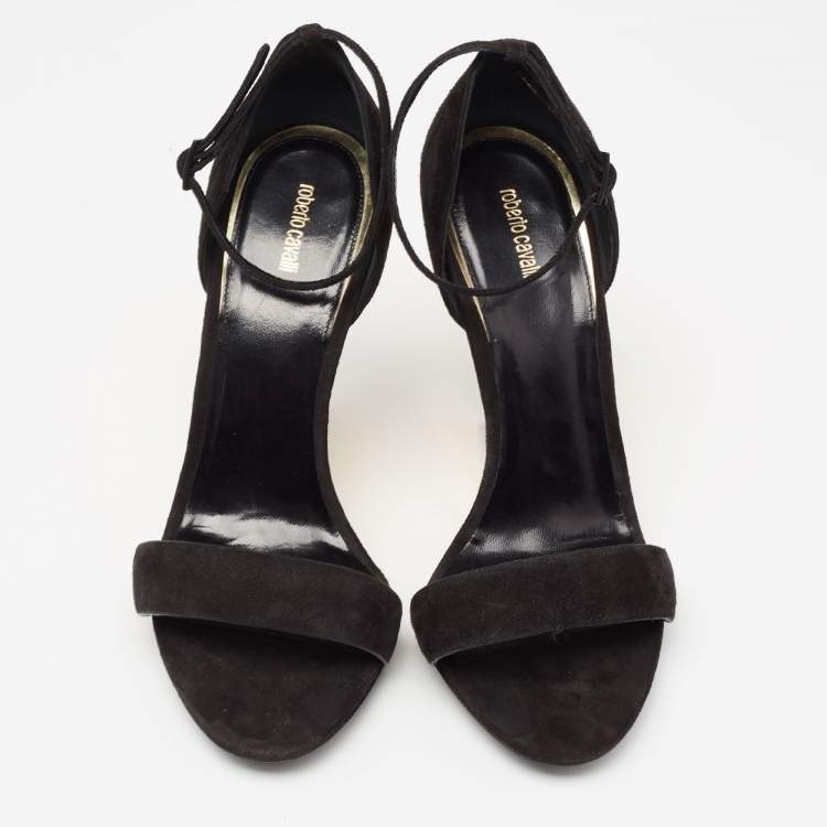 مملوكة مسبقًا Roberto Cavalli Black Suede Wedge Ankle Strap Sandals Size 38
