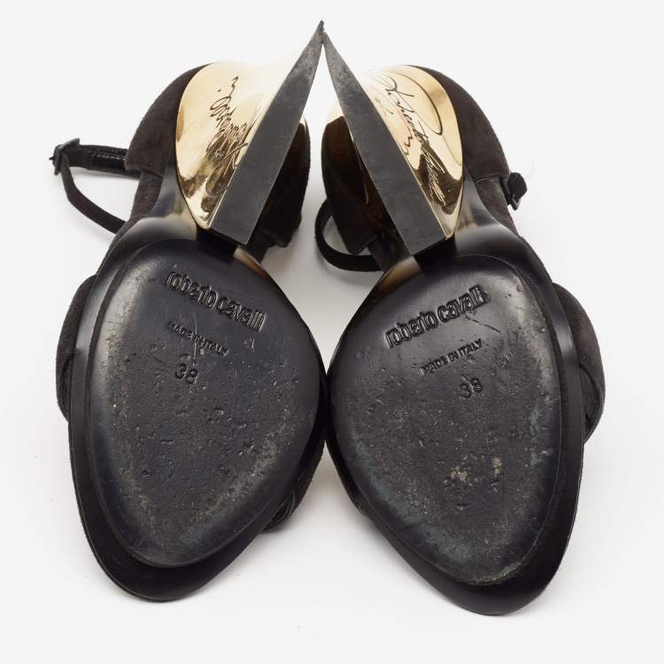 مملوكة مسبقًا Roberto Cavalli Black Suede Wedge Ankle Strap Sandals Size 38