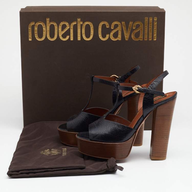 Pre Owned Roberto Cavalli Black Leather T Strap Platform Sandals Size 36