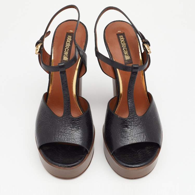 Pre Owned Roberto Cavalli Black Leather T Strap Platform Sandals Size 36