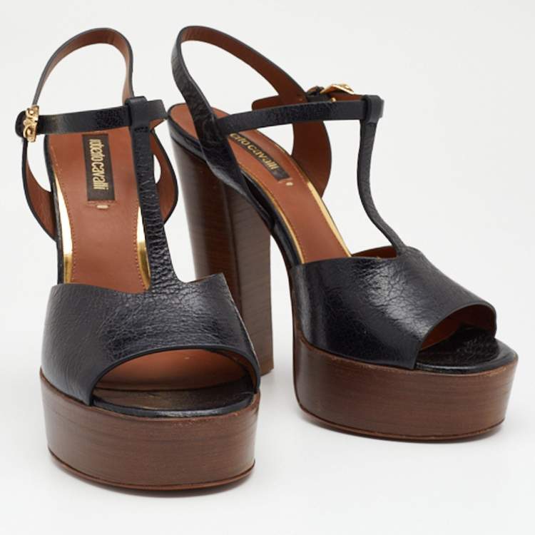 Pre Owned Roberto Cavalli Black Leather T Strap Platform Sandals Size 36