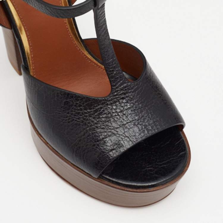 Pre Owned Roberto Cavalli Black Leather T Strap Platform Sandals Size 36