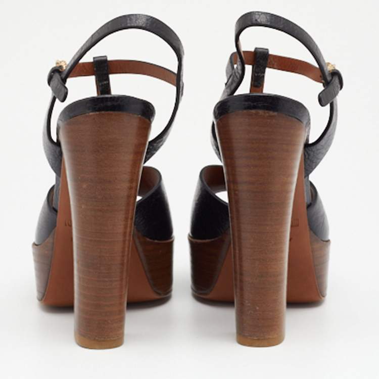 Pre Owned Roberto Cavalli Black Leather T Strap Platform Sandals Size 36