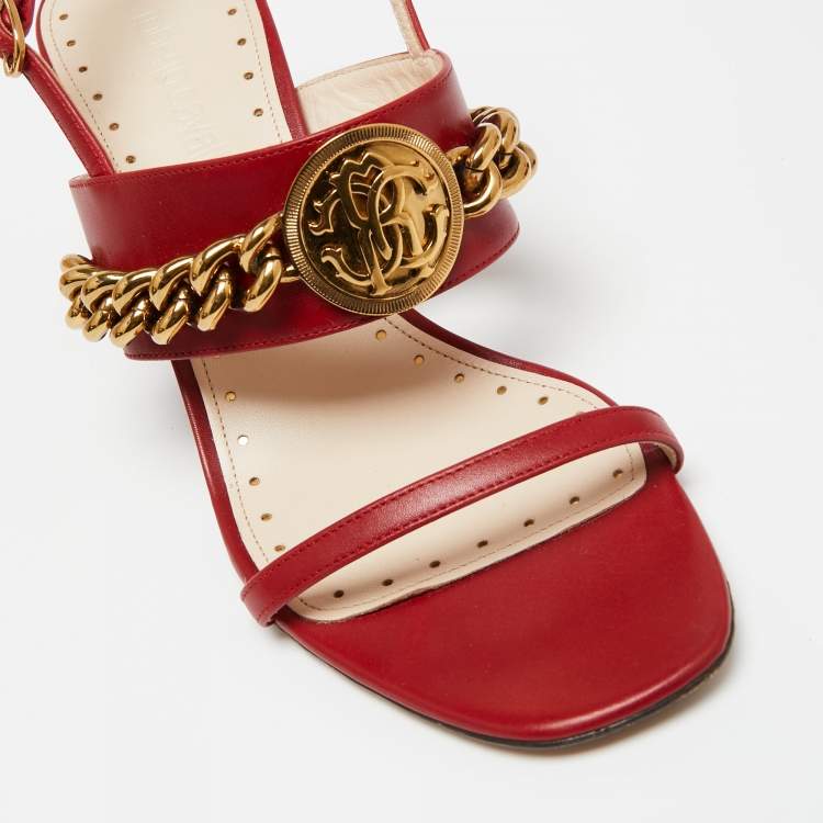 Pre Owned Roberto Cavalli Red Leather Embellished Ankle Strap Sandals Size 38