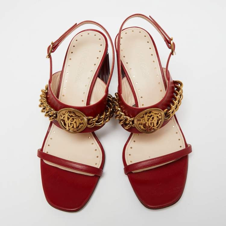 Pre Owned Roberto Cavalli Red Leather Embellished Ankle Strap Sandals Size 38
