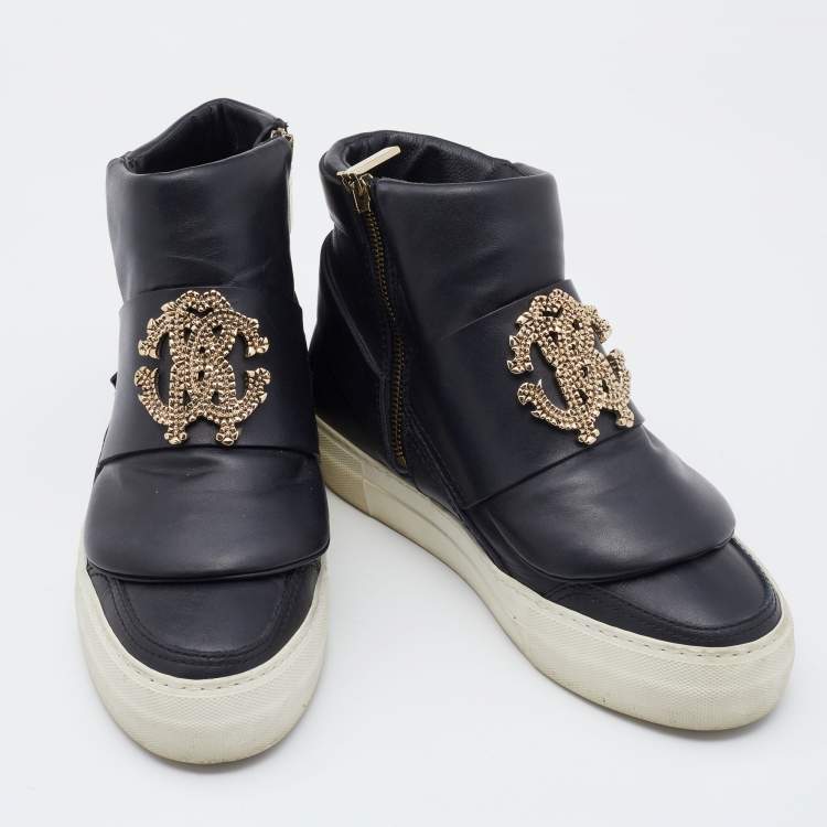Pre Owned Roberto Cavalli Black Leather High Top Sneakers Size 36