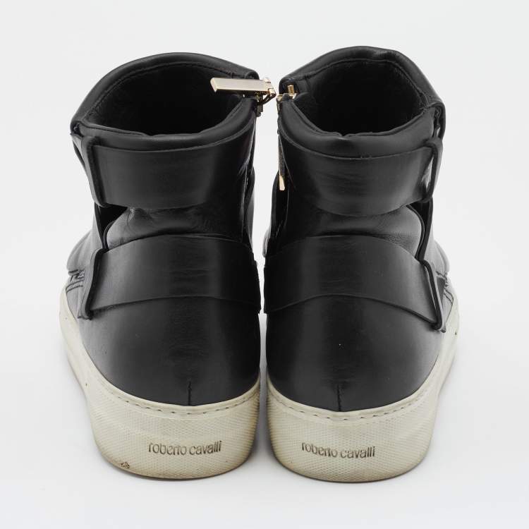 Pre Owned Roberto Cavalli Black Leather High Top Sneakers Size 36