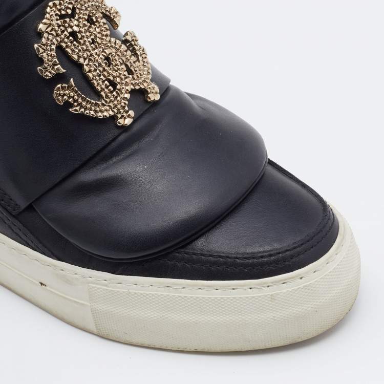 Pre Owned Roberto Cavalli Black Leather High Top Sneakers Size 36