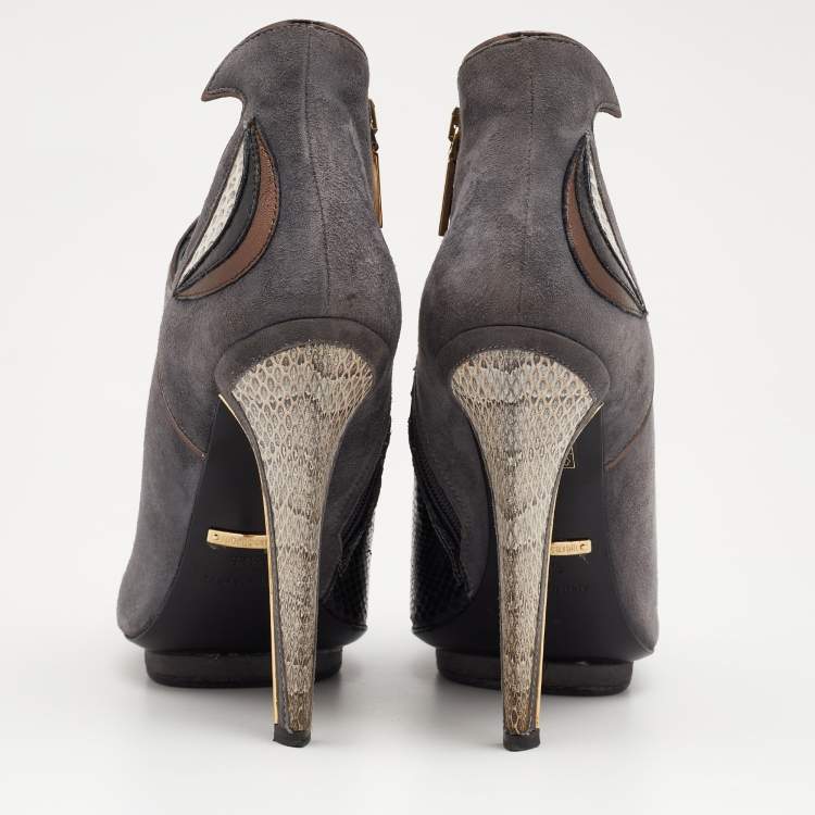 Pre Owned Roberto Cavalli Multicolor Snakeskin and Suede Ankle Boots Size 38.5