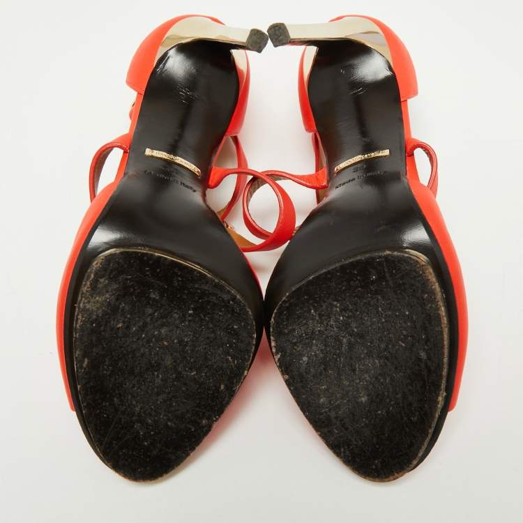 Pre Owned Roberto Cavalli Red Leather Embellished Ankle Strap Sandals Size 39
