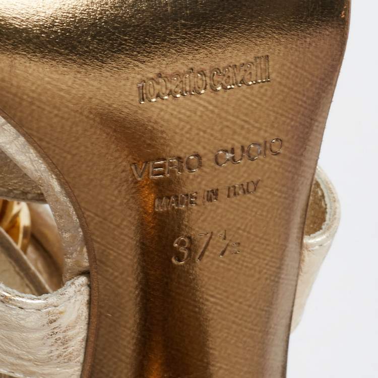 Pre Owned Roberto Cavalli Gold Leather Metal Embellished Ankle Strap Sandals Size 37.5