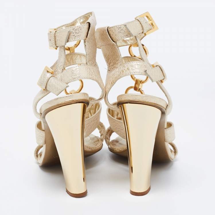 Pre Owned Roberto Cavalli Gold Leather Metal Embellished Ankle Strap Sandals Size 37.5