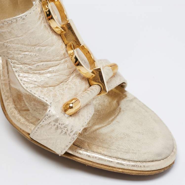 Pre Owned Roberto Cavalli Gold Leather Metal Embellished Ankle Strap Sandals Size 37.5