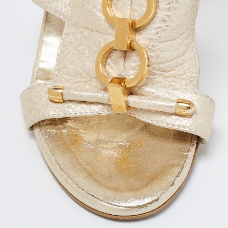 Pre Owned Roberto Cavalli Gold Leather Metal Embellished Ankle Strap Sandals Size 37.5