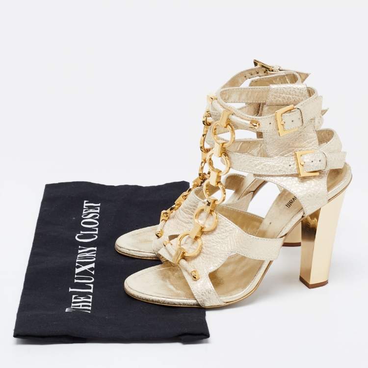 Pre Owned Roberto Cavalli Gold Leather Metal Embellished Ankle Strap Sandals Size 37.5