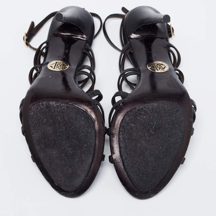 Pre Owned Roberto Cavalli Black Cut-Out Leather Embellished Ankle Strap Sandals Size 39