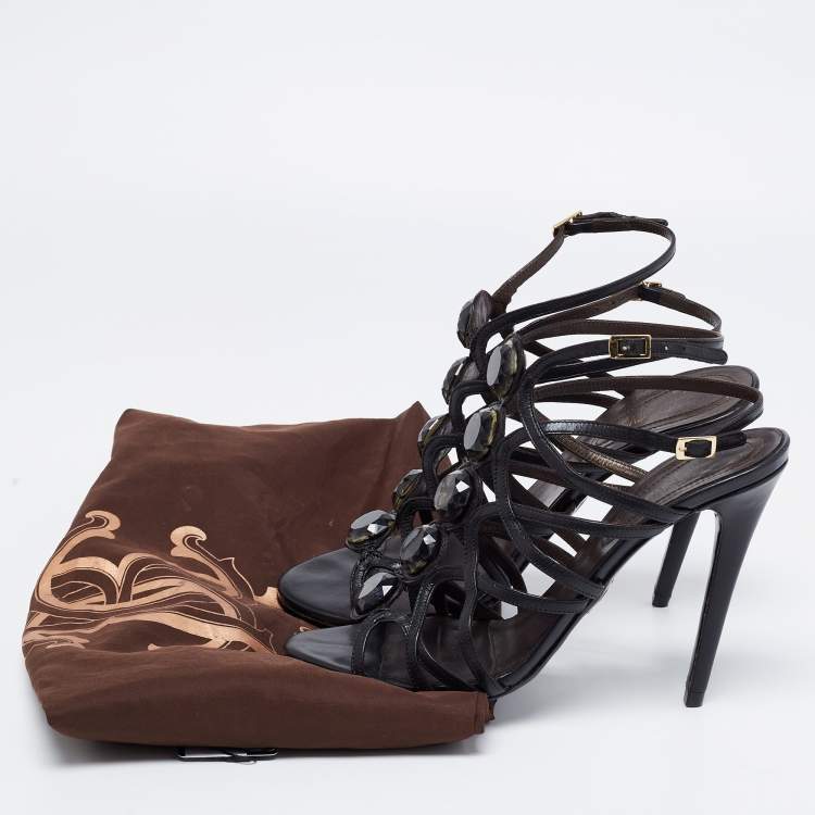 Pre Owned Roberto Cavalli Black Cut-Out Leather Embellished Ankle Strap Sandals Size 39