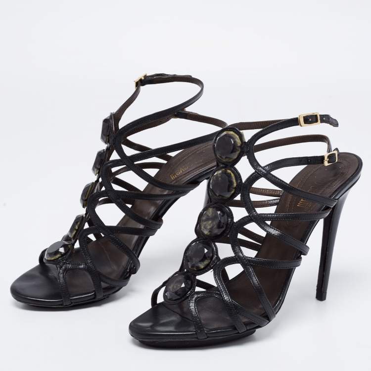 Pre Owned Roberto Cavalli Black Cut-Out Leather Embellished Ankle Strap Sandals Size 39