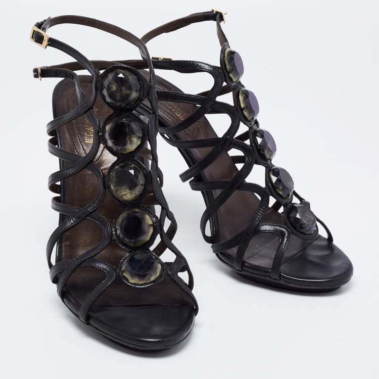 Pre Owned Roberto Cavalli Black Cut-Out Leather Embellished Ankle Strap Sandals Size 39