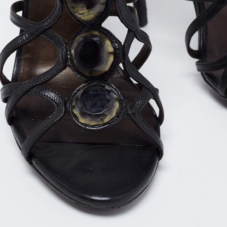 Pre Owned Roberto Cavalli Black Cut-Out Leather Embellished Ankle Strap Sandals Size 39