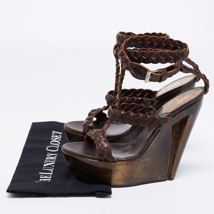 Pre Owned Roberto Cavalli Dark Brown Braided Leather Strappy Wedge Platform Sandals Size 40