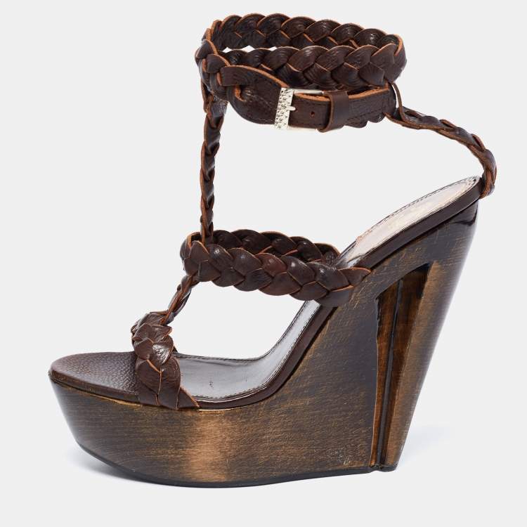 Pre Owned Roberto Cavalli Dark Brown Braided Leather Strappy Wedge Platform Sandals Size 40