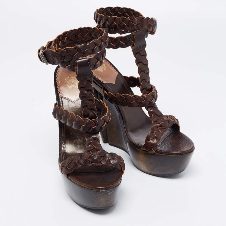 Pre Owned Roberto Cavalli Dark Brown Braided Leather Strappy Wedge Platform Sandals Size 40