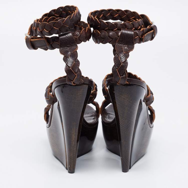 Pre Owned Roberto Cavalli Dark Brown Braided Leather Strappy Wedge Platform Sandals Size 40