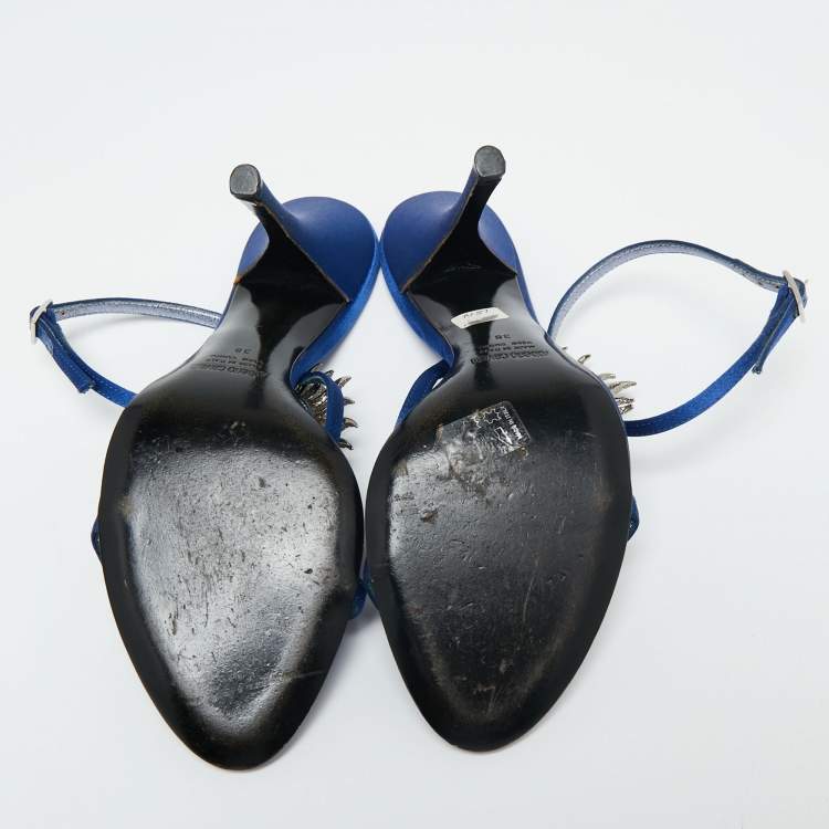 Pre Owned Roberto Cavalli Blue Satin Royal Spiral Rhinestone Ankle Strap Sandals Size 38