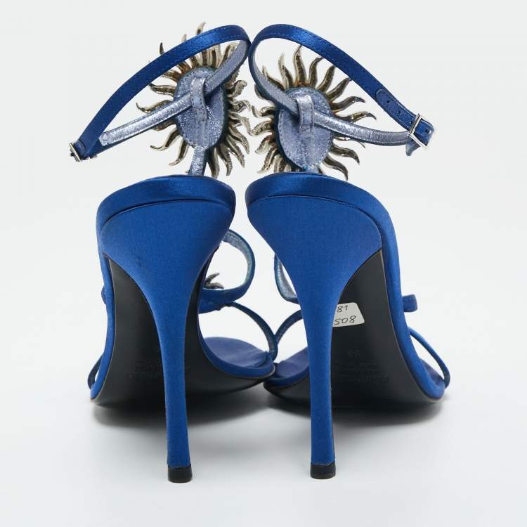 Pre Owned Roberto Cavalli Blue Satin Royal Spiral Rhinestone Ankle Strap Sandals Size 38