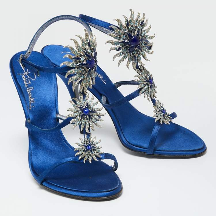 Pre Owned Roberto Cavalli Blue Satin Royal Spiral Rhinestone Ankle Strap Sandals Size 38