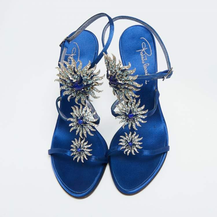 Pre Owned Roberto Cavalli Blue Satin Royal Spiral Rhinestone Ankle Strap Sandals Size 38
