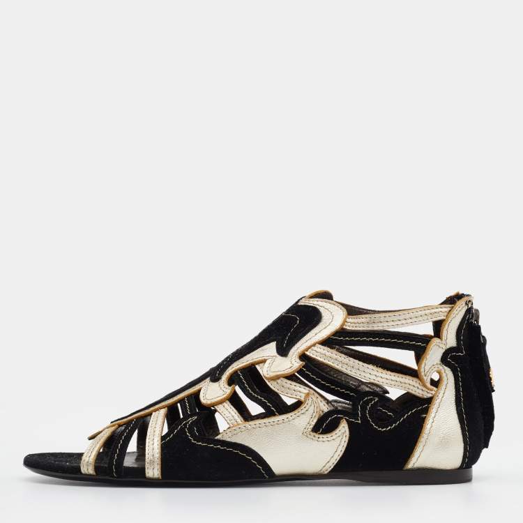 Pre Owned Roberto Cavalli Black/Gold Suede and Leather Flat Sandals Size 36