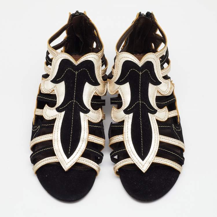 Pre Owned Roberto Cavalli Black/Gold Suede and Leather Flat Sandals Size 36