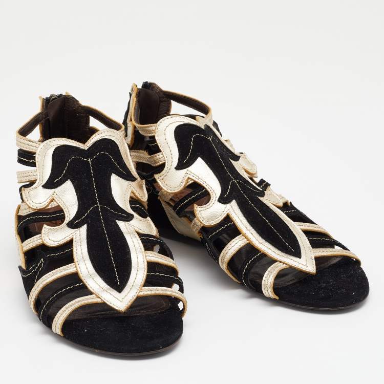 Pre Owned Roberto Cavalli Black/Gold Suede and Leather Flat Sandals Size 36