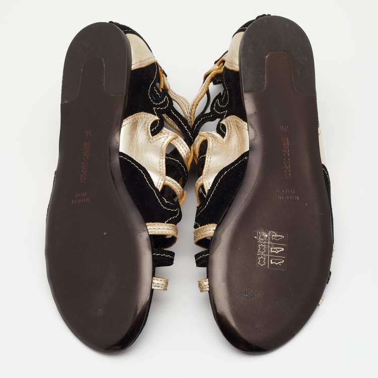 Pre Owned Roberto Cavalli Black/Gold Suede and Leather Flat Sandals Size 36