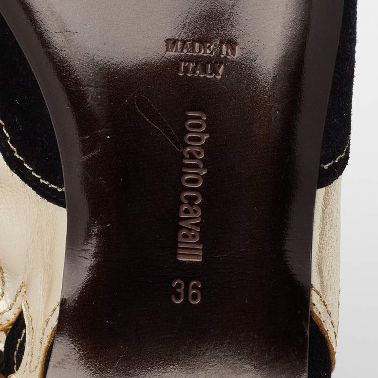Pre Owned Roberto Cavalli Black/Gold Suede and Leather Flat Sandals Size 36