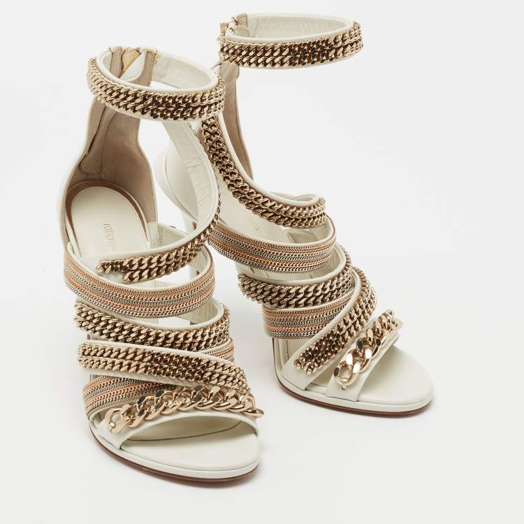 Pre Owned Roberto Cavalli White Leather Embellished Ankle Strap Sandals Size 36 