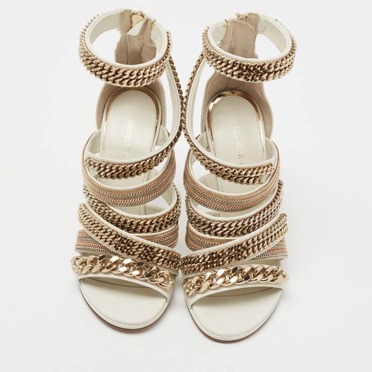 Pre Owned Roberto Cavalli White Leather Embellished Ankle Strap Sandals Size 36 