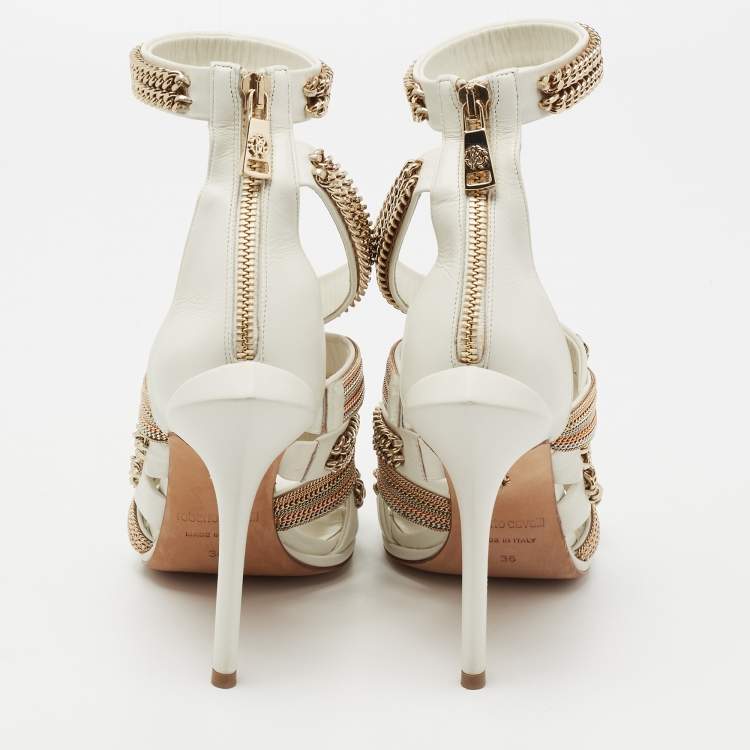 Pre Owned Roberto Cavalli White Leather Embellished Ankle Strap Sandals Size 36 